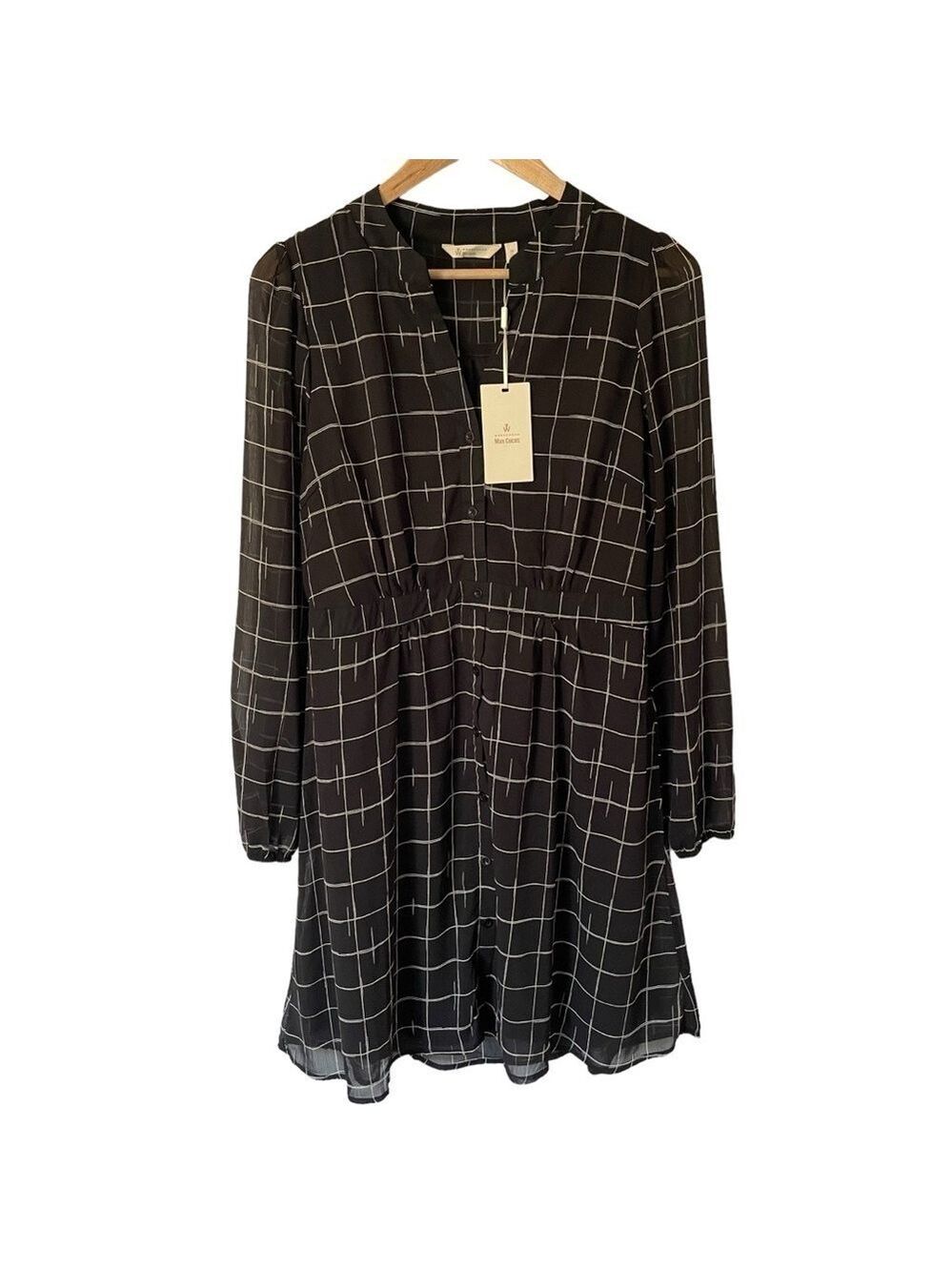 Max Cocos Long Sleeve Chiffon Dress Sz M Black White Check Office Career Casual